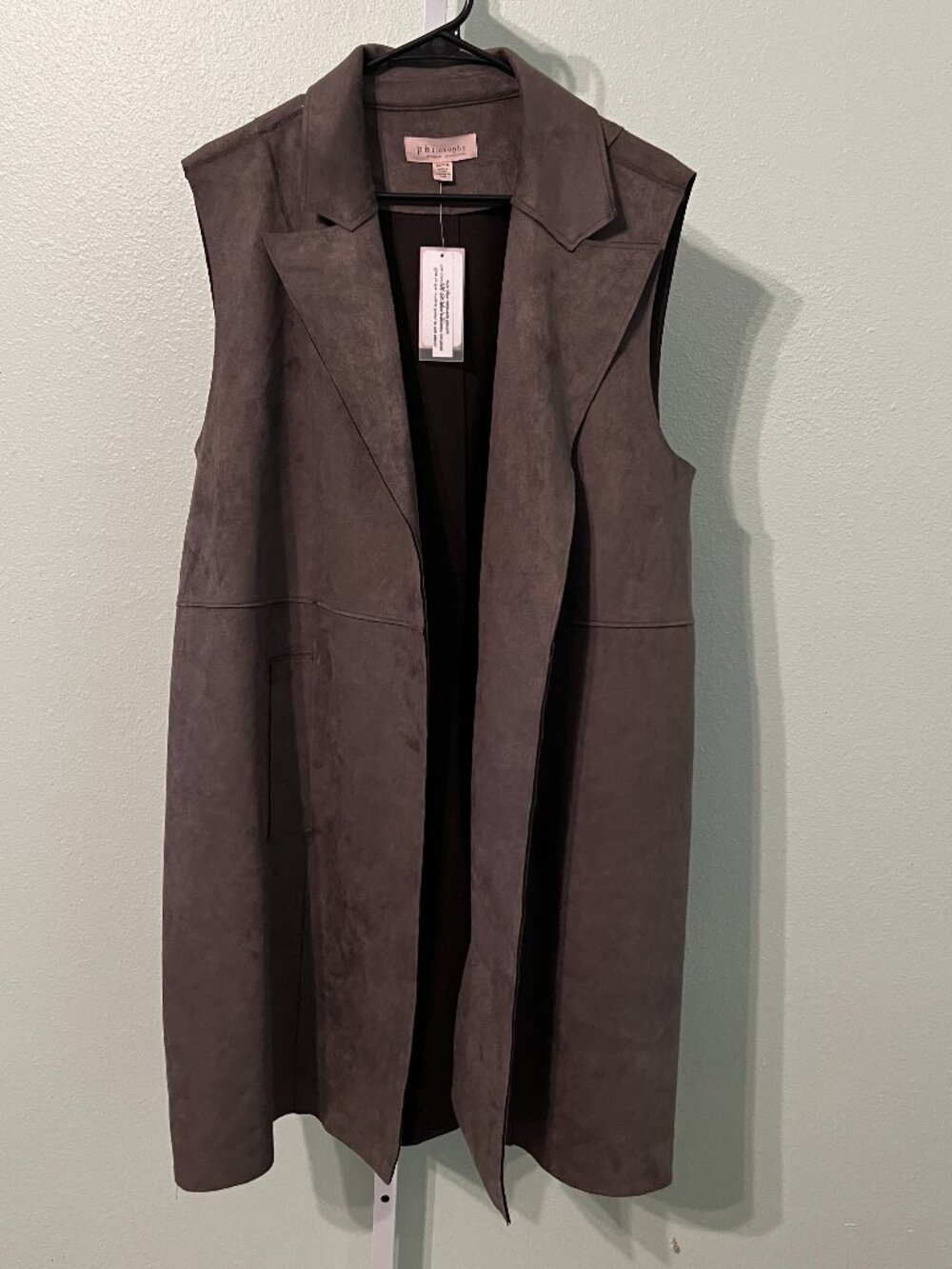 NWT Philosophy Woman Ash Smoke Faux Suede Sleeveless Trench Coat/Long Vest SZ 2X
